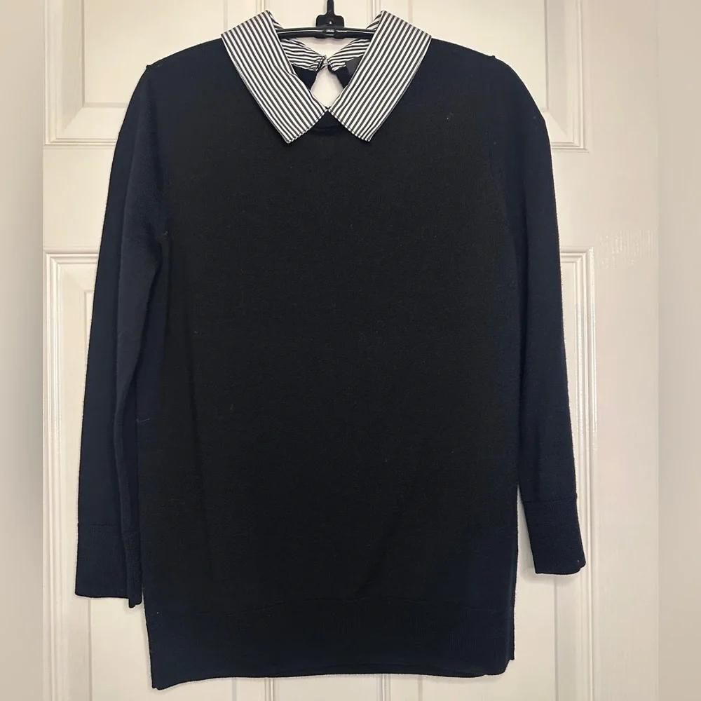 J.Crew Black Sweater with Striped Collar - Size XS